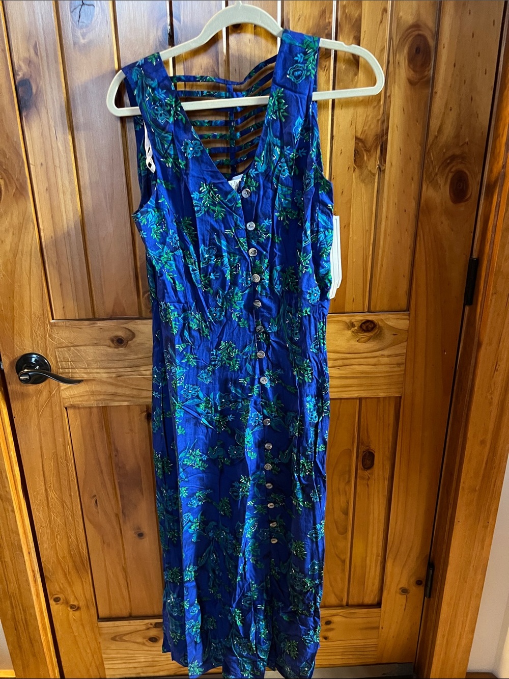 Blue Floral Midi Dress with Ladder Back and Button Front